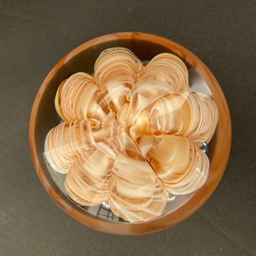 Joe Rice Art Glass Paperweight With Swirled Floral Gold Ribbon Design - Picture 4 of 10